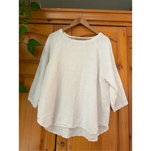 Tempo Paris White Linen Blouse Top Women’s 3/4 Sleeve Loose Fit Boho Minimalist